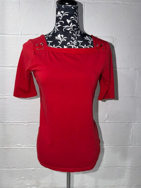 🌴Chaps Red Square Neck Top Grommet Lace-Up Shoulder Elbow Sleeve Small